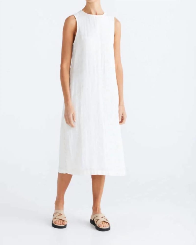 Front of a model wearing a size XL Darla Sleeveless Dress in White in White by Brave + True. | dia_product_style_image_id:334773